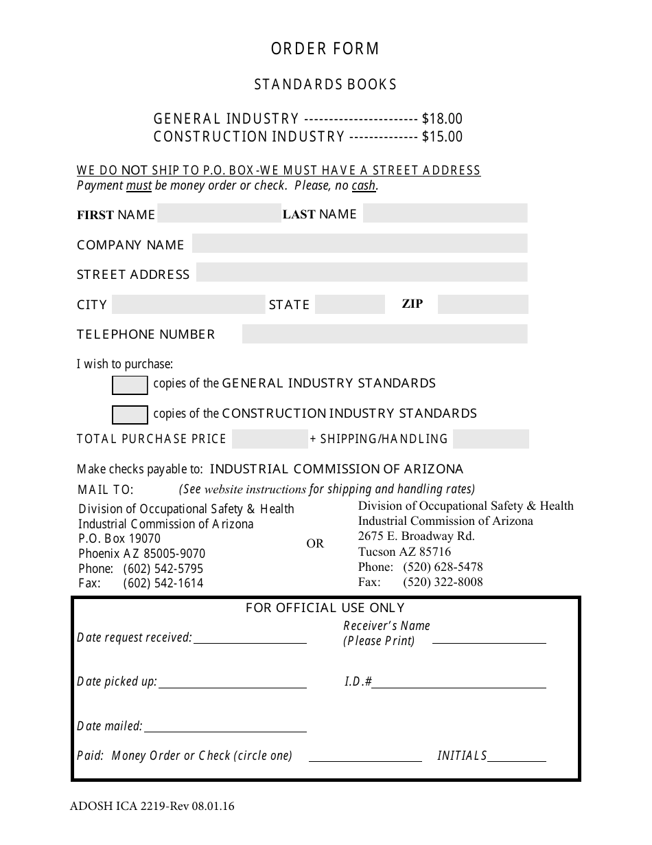 Form ADOSH ICA2219 Adosh Standards Book Order Form - Arizona, Page 1