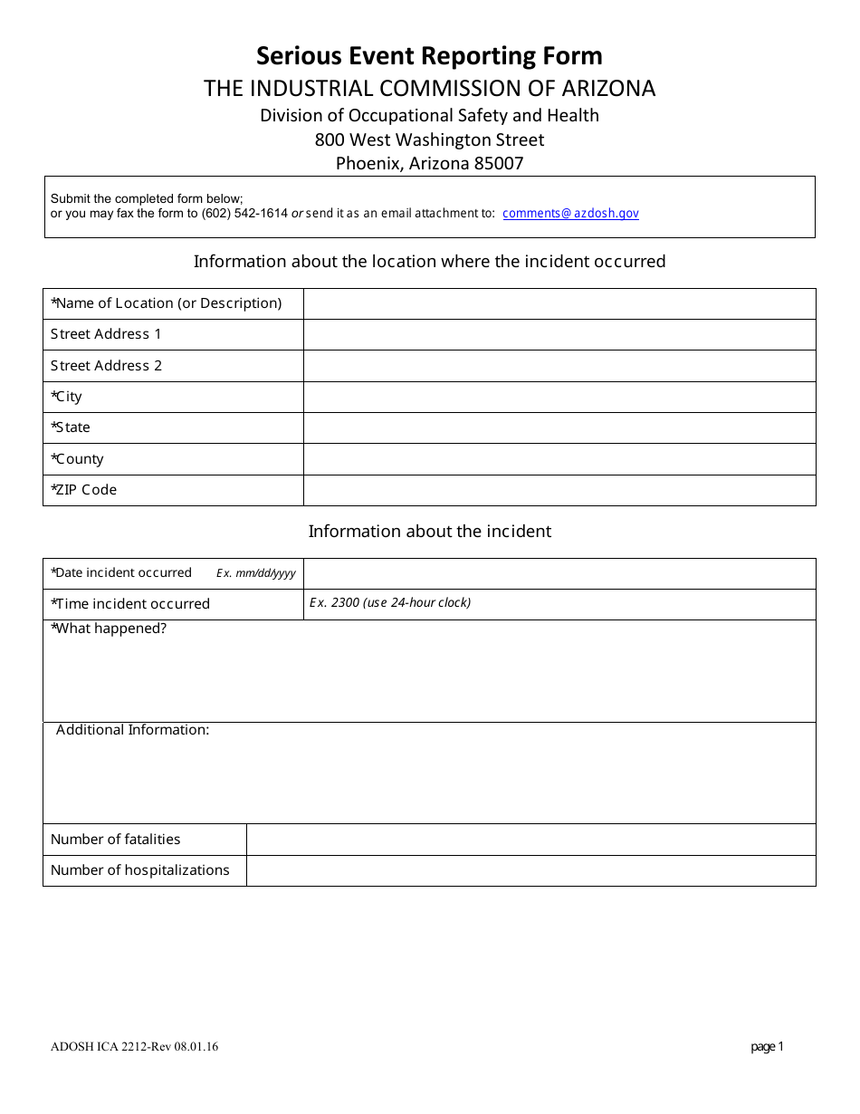 Form ADOSH ICA2212 Serious Event Reporting Form - Arizona, Page 1