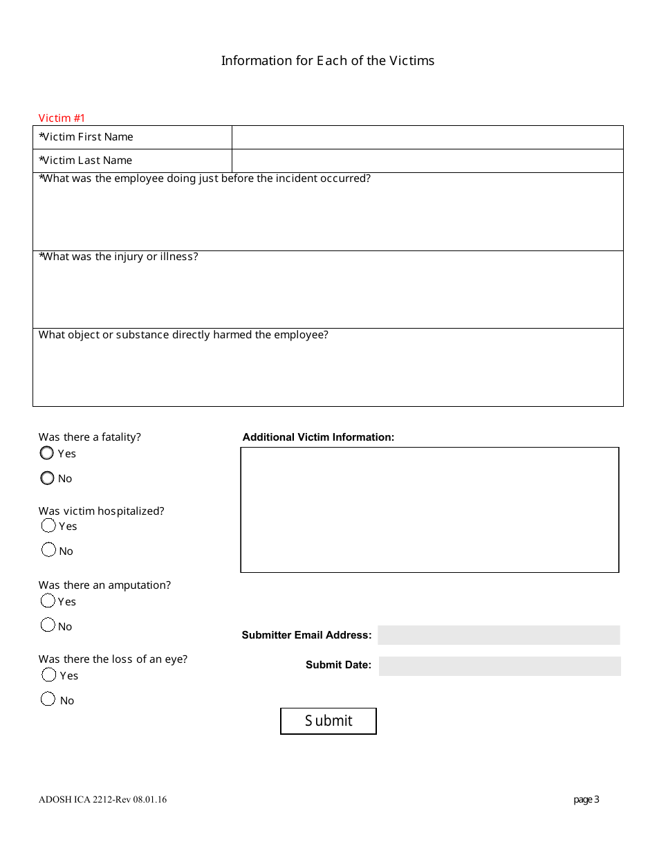 Form ADOSH ICA2212 Serious Event Reporting Form - Arizona, Page 3