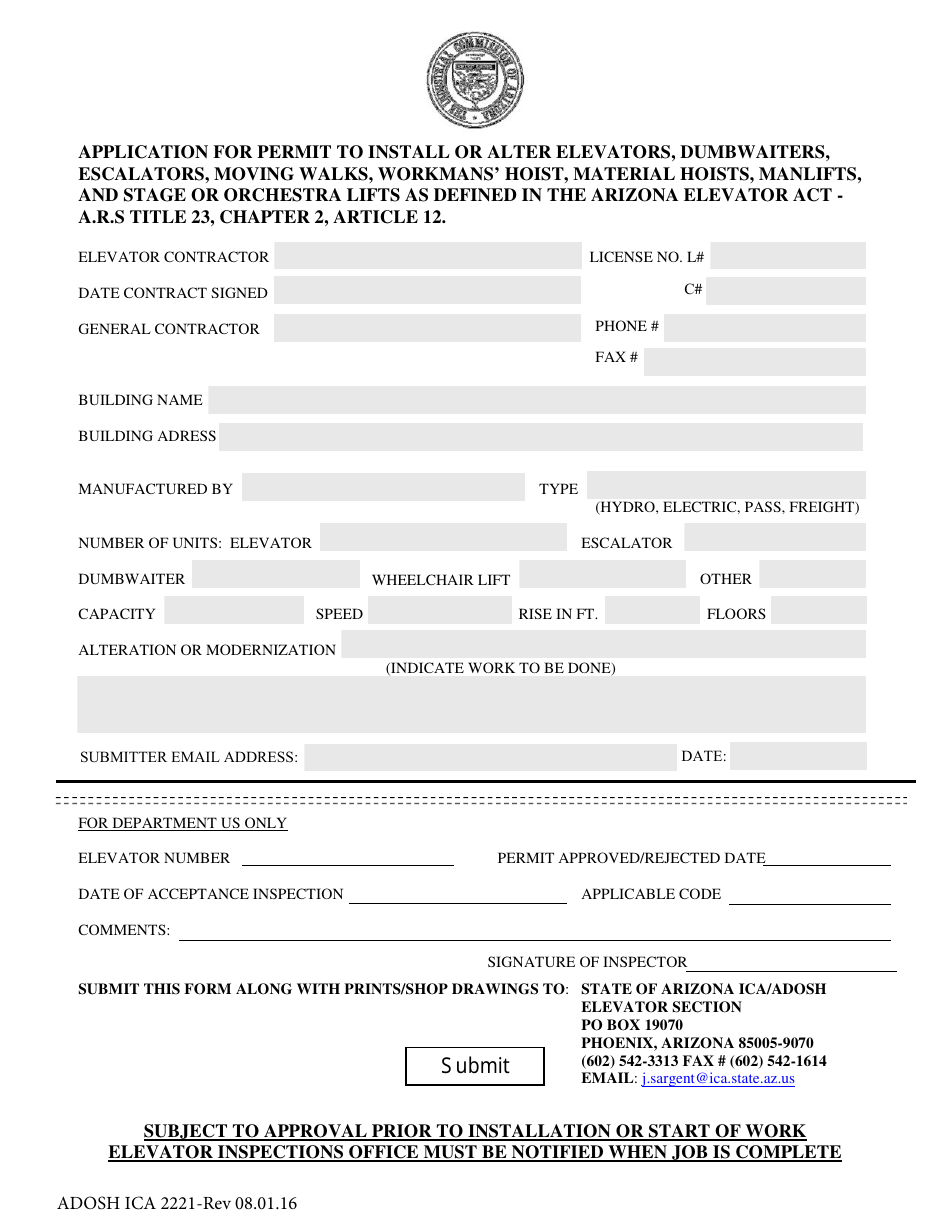 Form ADOSH ICA2221 Application for Permit to Install or Alter Elevators, Dumbwaiters, Escalators, Moving Walks, Workmans Hoist, Material Hoists, Manlifts, and Stage or Orchestra Lifts as Defined in the Arizona Elevator Act - a.r.s Title 23, Chapter 2, Article 12 - Arizona, Page 1