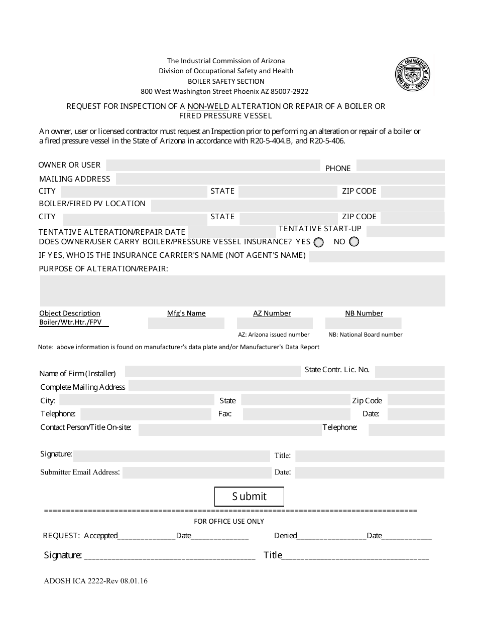 Form ADOSH ICA2222 Request for Inspection of a Non-weld Alteration or Repair of a Boiler or Fired Pressure Vessel - Arizona, Page 1