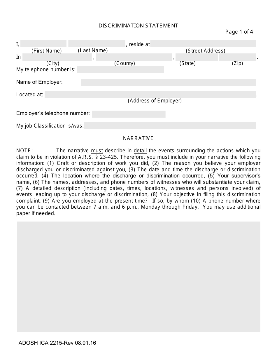 Form ADOSH ICA2215 Discrimination Statement - Arizona, Page 1