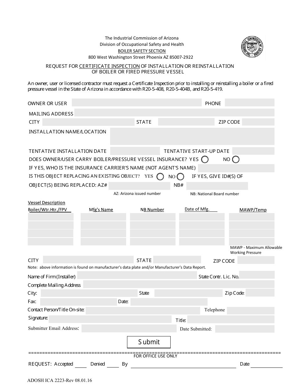Form ADOSH ICA2223 Request for Certificate Inspection of Installation or Reinstallation of Boiler or Fired Pressure Vessel - Arizona, Page 1