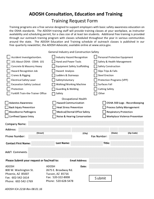 Form ADOSH ICA2218 Training Request Form - Arizona