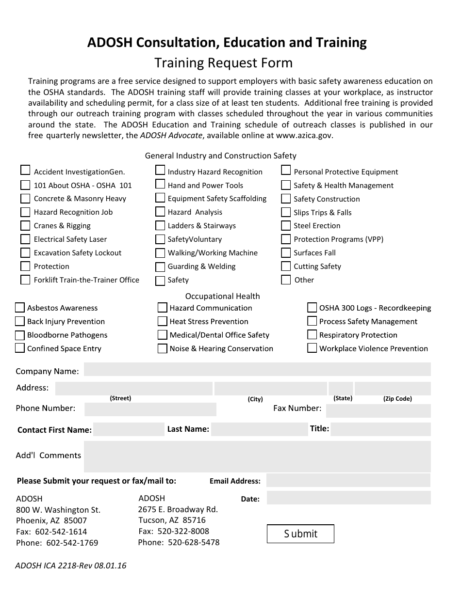 Form ADOSH ICA2218 Training Request Form - Arizona, Page 1