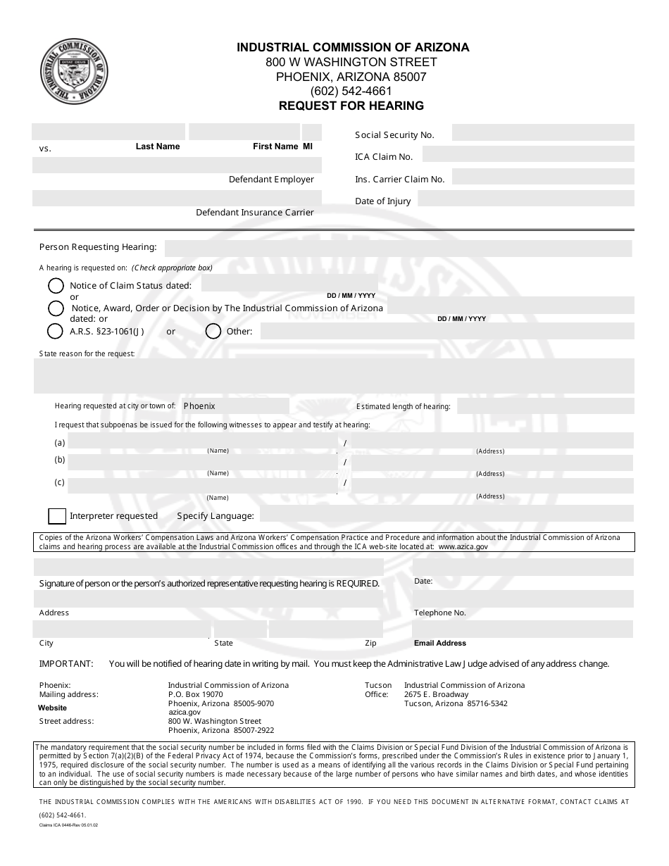 Form Claims ICA0446 Request for Hearing - Arizona, Page 1