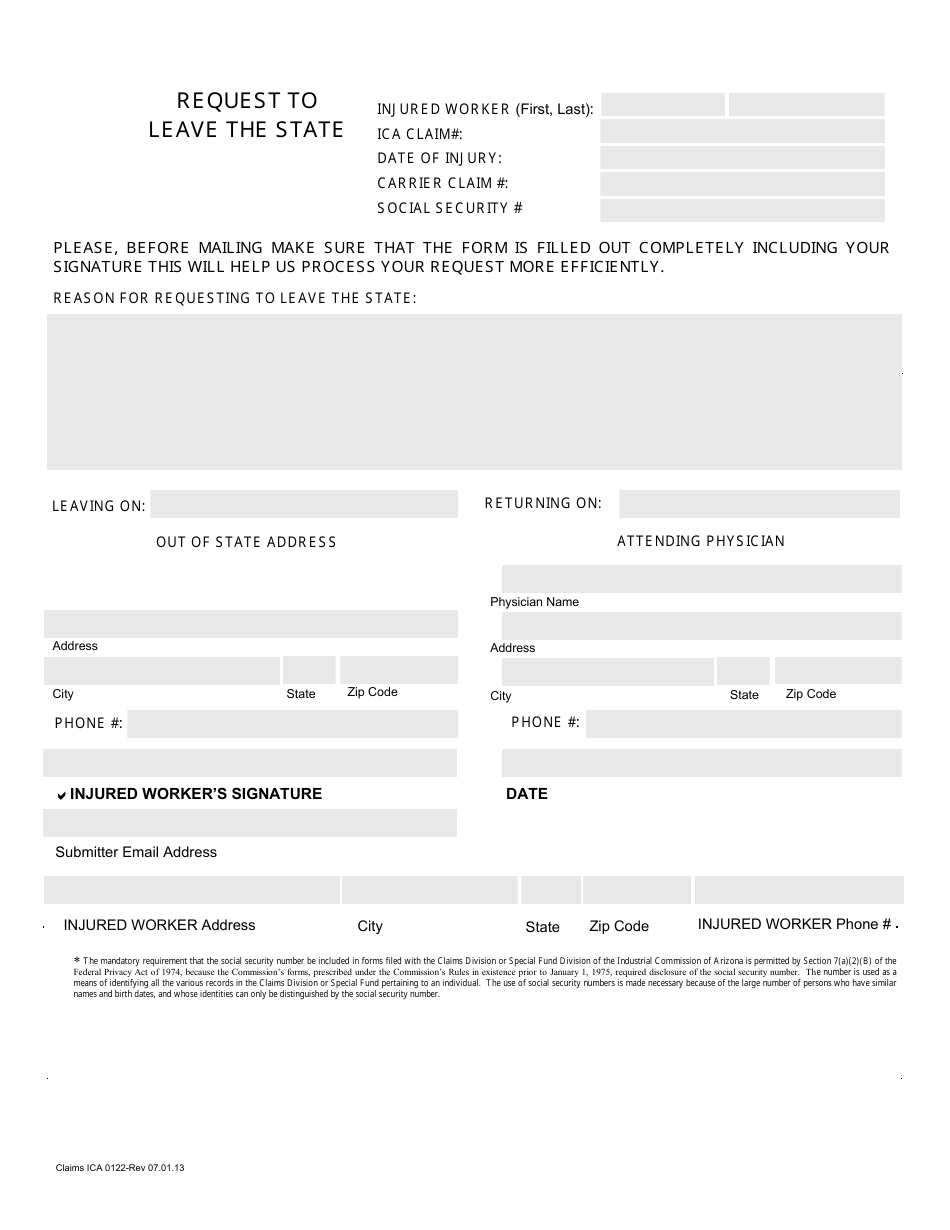 Form Claims ICA0122 Request to Leave the State - Arizona, Page 1