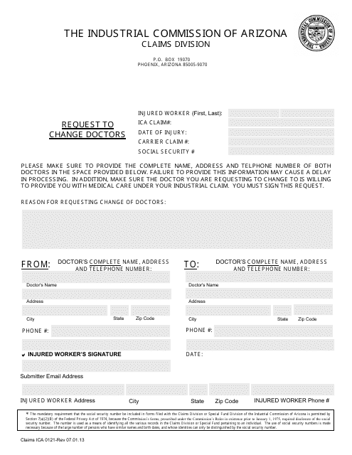 Form Claims ICA0121 Request to Change Doctors - Arizona