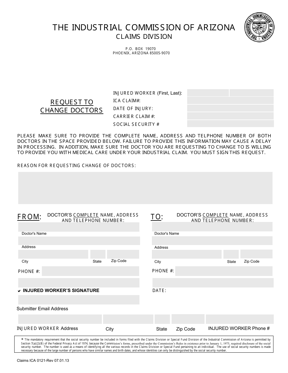 Form Claims ICA0121 Request to Change Doctors - Arizona, Page 1
