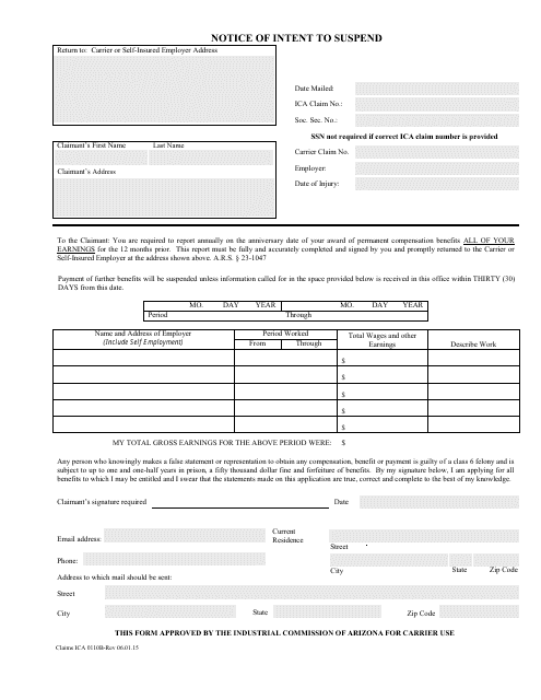 Form Claims ICA0110B Notice of Intent to Suspend - Arizona
