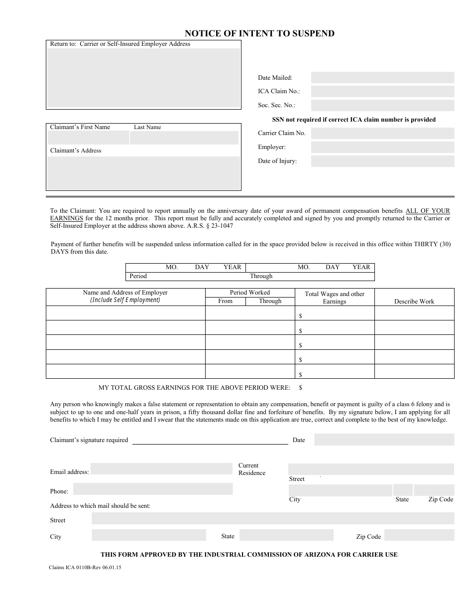 Form Claims ICA0110B Notice of Intent to Suspend - Arizona, Page 1