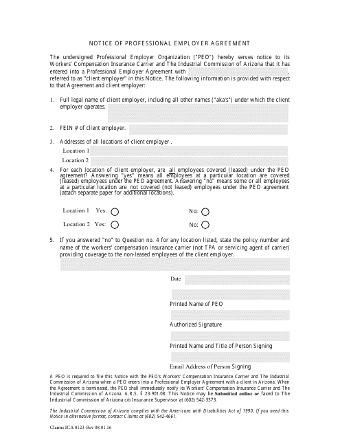 Form Claims ICA0123 Notice of Professional Employer Agreement - Arizona