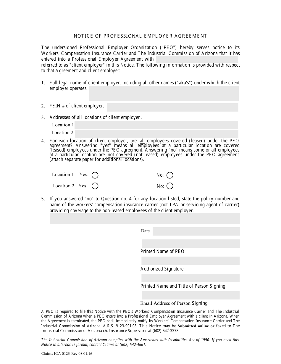 Form Claims ICA0123 Notice of Professional Employer Agreement - Arizona, Page 1
