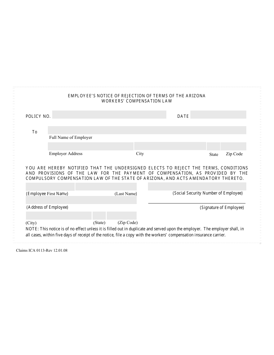 Form Claims ICA0113 Employees Notice of Rejection of Terms of the Arizona Workers Compensation Law - Arizona, Page 1