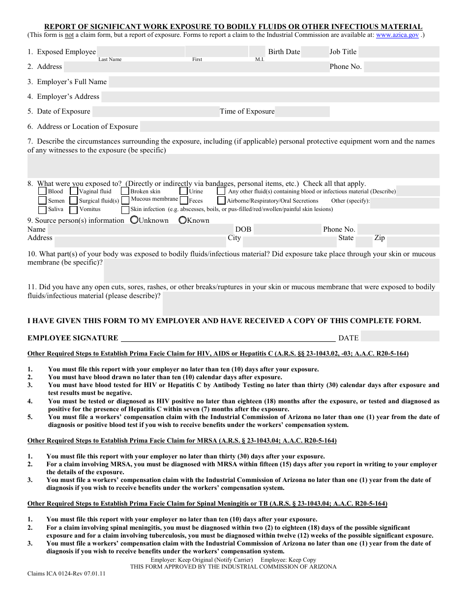 Form Claims ICA0124 Report of Significant Work Exposure to Bodily Fluids or Other Infectious Material - Arizona, Page 1
