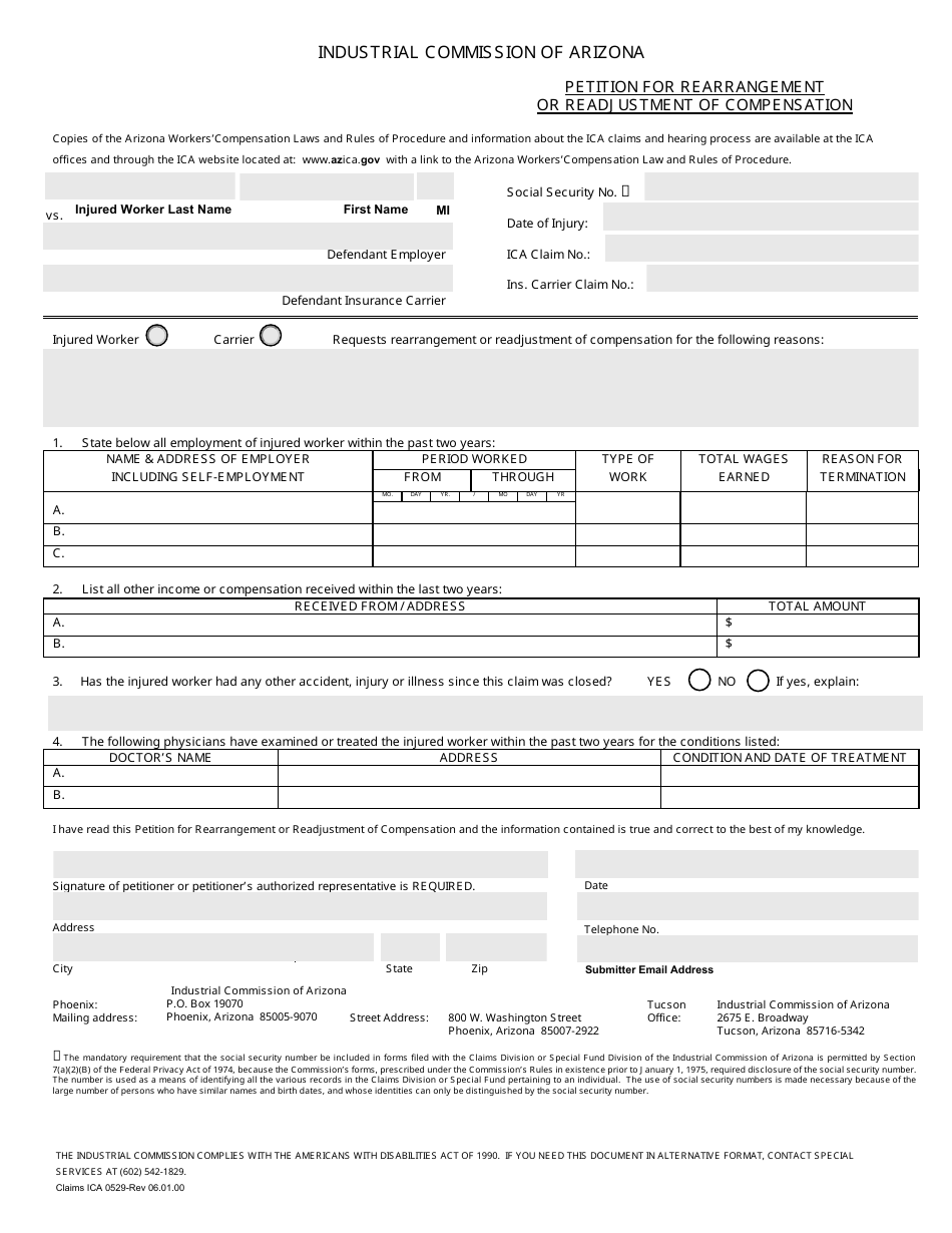 Form Claims ICA0529 Petition for Rearrangement or Readjustment of Compensation - Arizona, Page 1