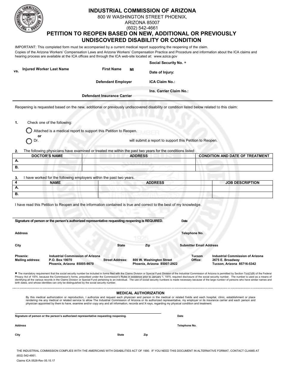 Form Claims ICA0528 Petition to Reopen Based on New, Additional or Previously Undiscovered Disability or Condition - Arizona, Page 1