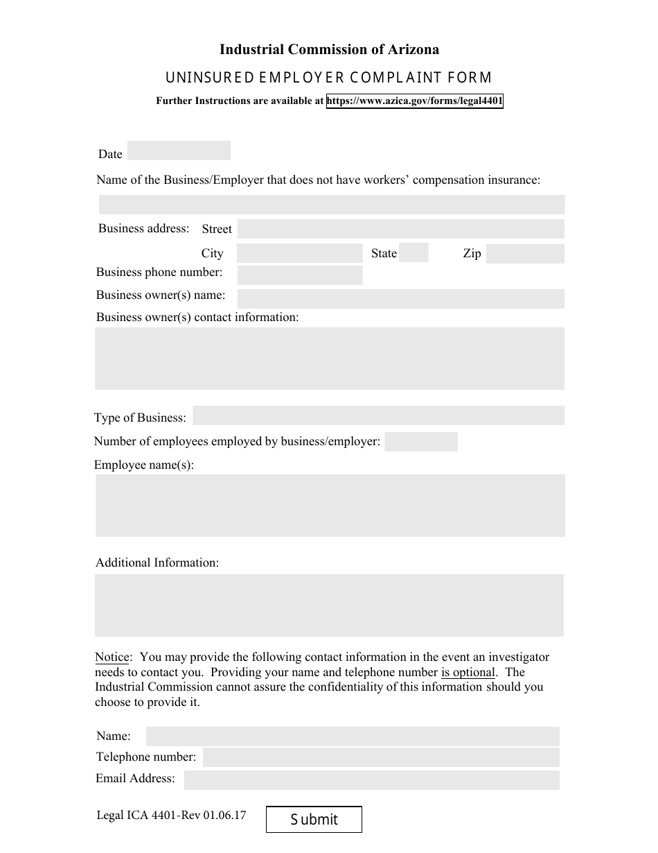 Form Legal ICA4401 Uninsured Employer Complaint Form - Arizona, Page 1