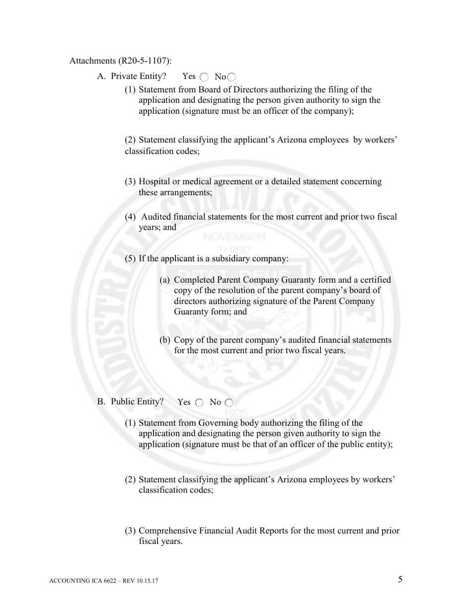 Form Accounting ICA6622 Initial Application for Authority to Self-insure - Arizona, Page 5