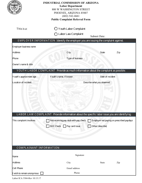 Form Labor ICA3304 Public Complaint Referral Form - Arizona