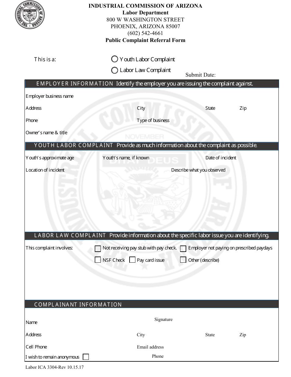 Form Labor ICA3304 Public Complaint Referral Form - Arizona, Page 1