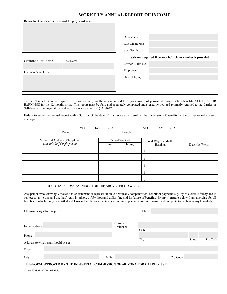 Form Claims ICM0110A Workers Annual Report of Income - Arizona, Page 1