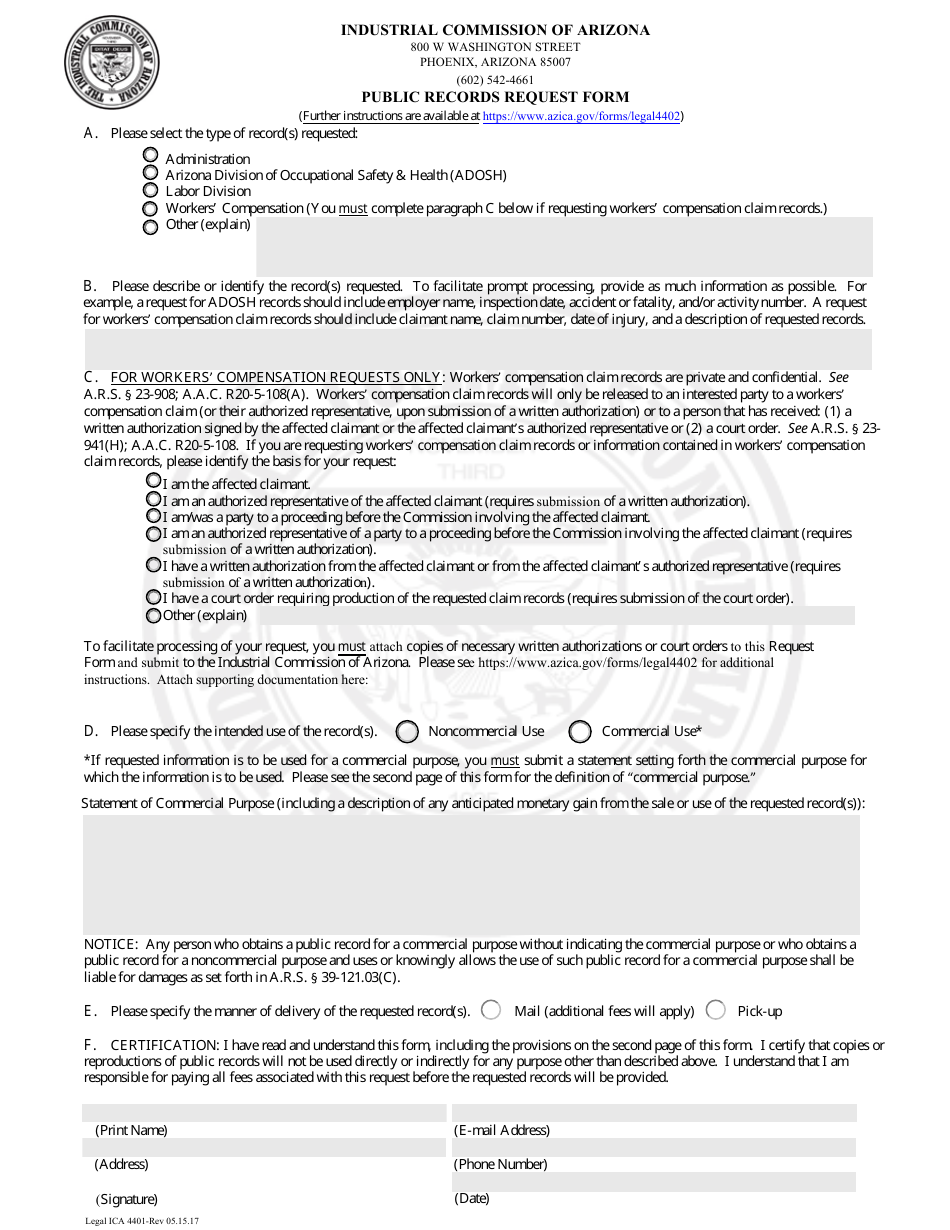 Form Legal ICA4401 Public Records Request Form - Arizona, Page 1