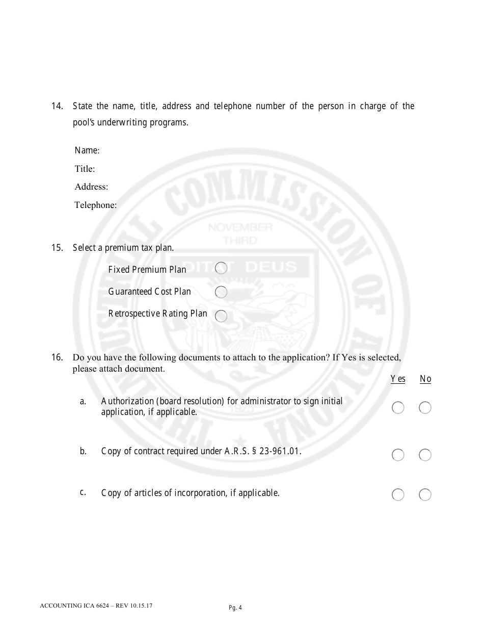 Form Accounting ICA6624 Initial Application for Authority to Self-insure Under a.r.s. 23-961.01 - Arizona, Page 4