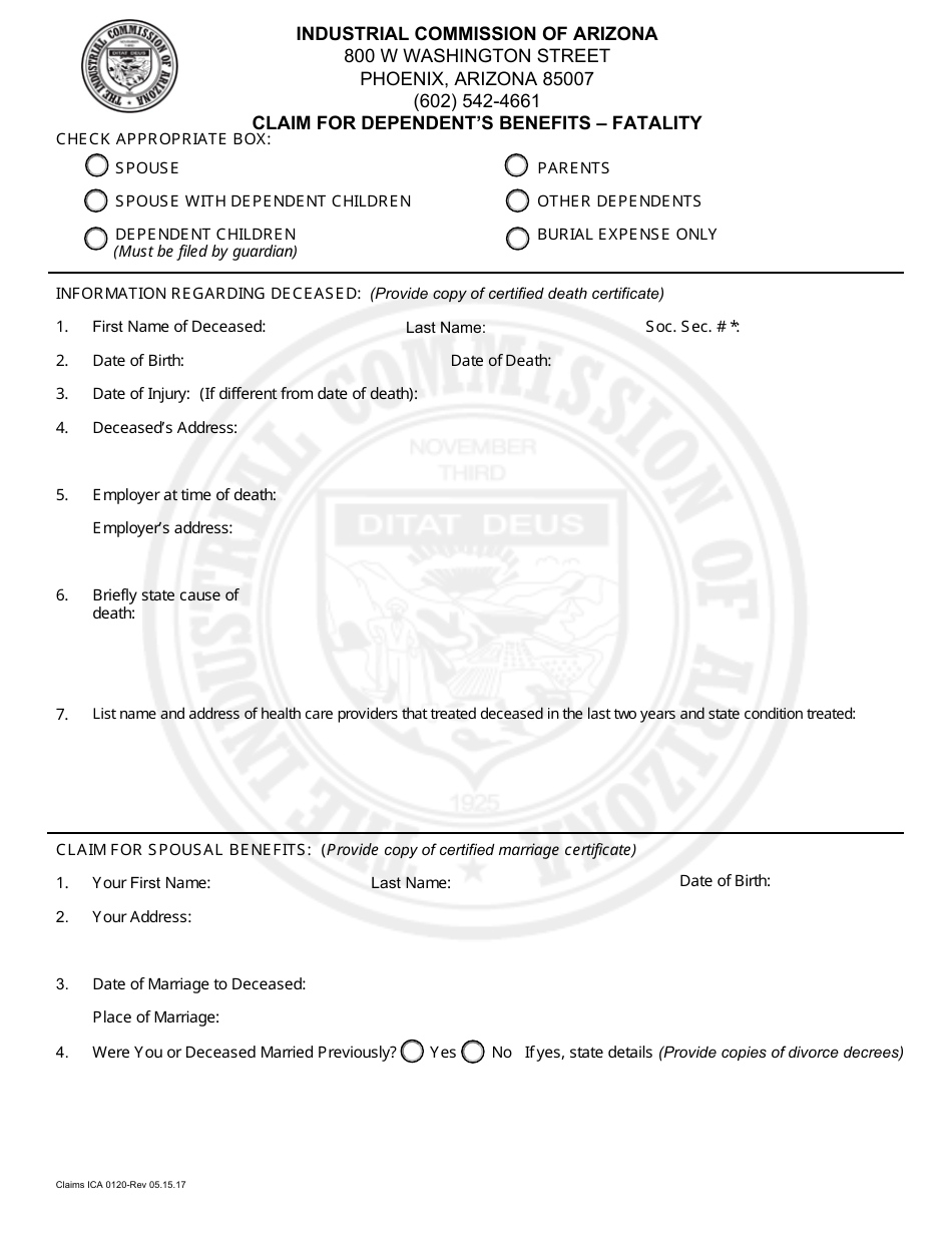 Form Claims ICA0120 Claim for Dependents Benefits - Fatality - Arizona, Page 1