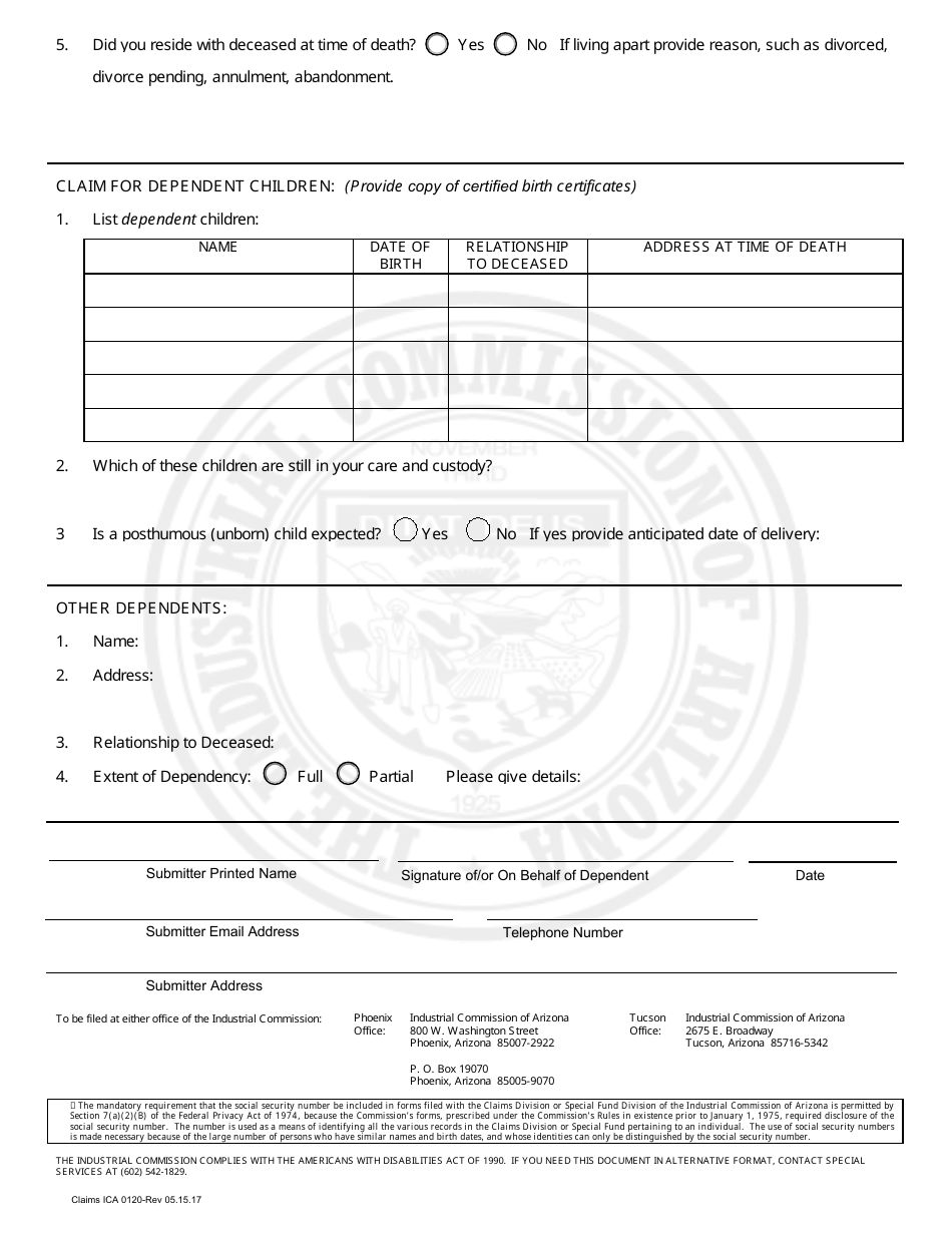 Form Claims ICA0120 Claim for Dependents Benefits - Fatality - Arizona, Page 2