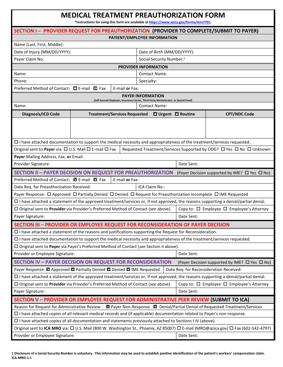 Form ICA-MRO-1.1 Medical Treatment Preauthorization Form - Arizona, Page 1