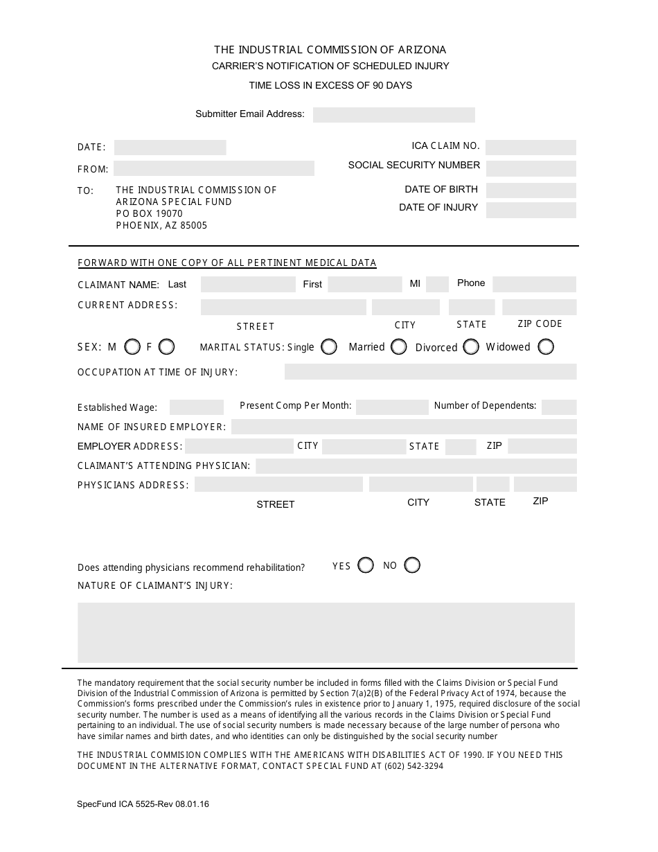 Form SpecFunds ICA5525 Carriers Notification of Scheduled Injury - Arizona, Page 1