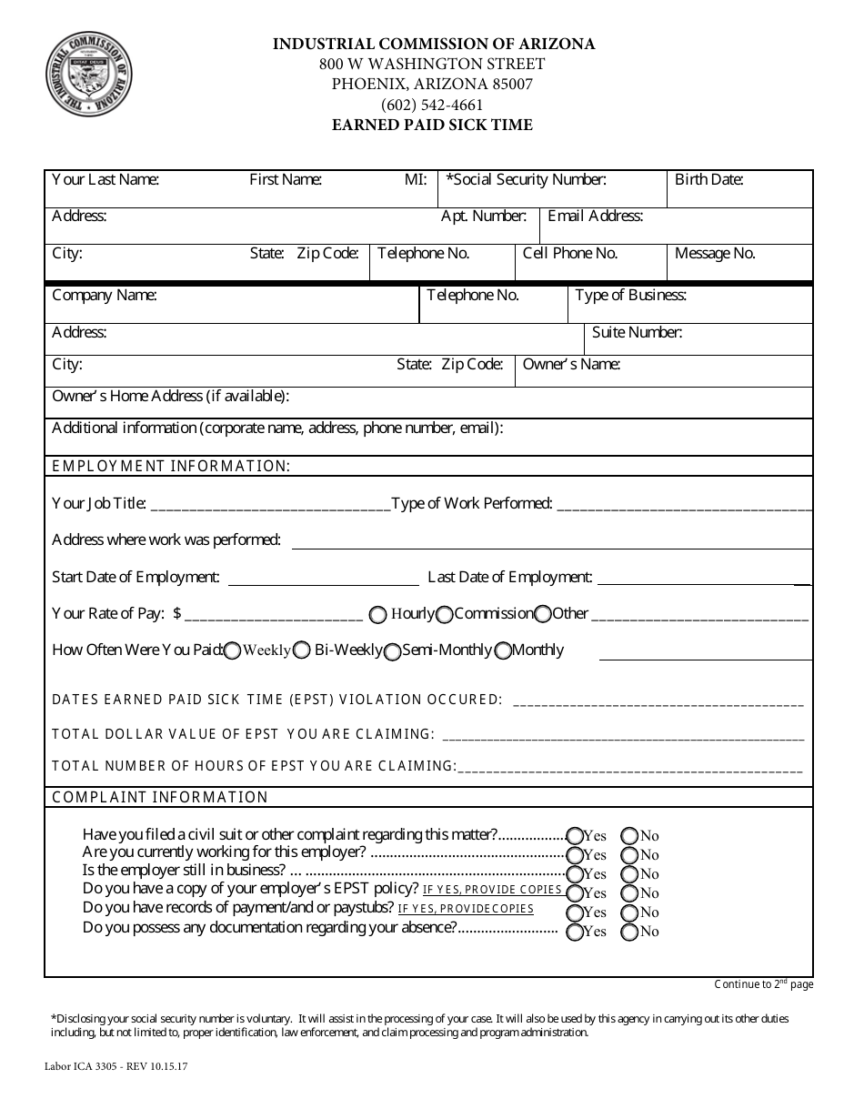 Form Labor ICA3305 Earned Paid Sick Time - Arizona, Page 1