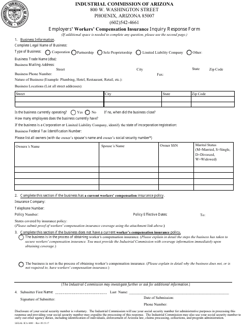 Form Legal ICA4403 Employers' Workers' Compensation Insurance Inquiry Response Form - Arizona
