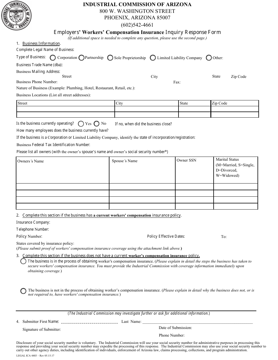 Form Legal ICA4403 Employers Workers Compensation Insurance Inquiry Response Form - Arizona, Page 1