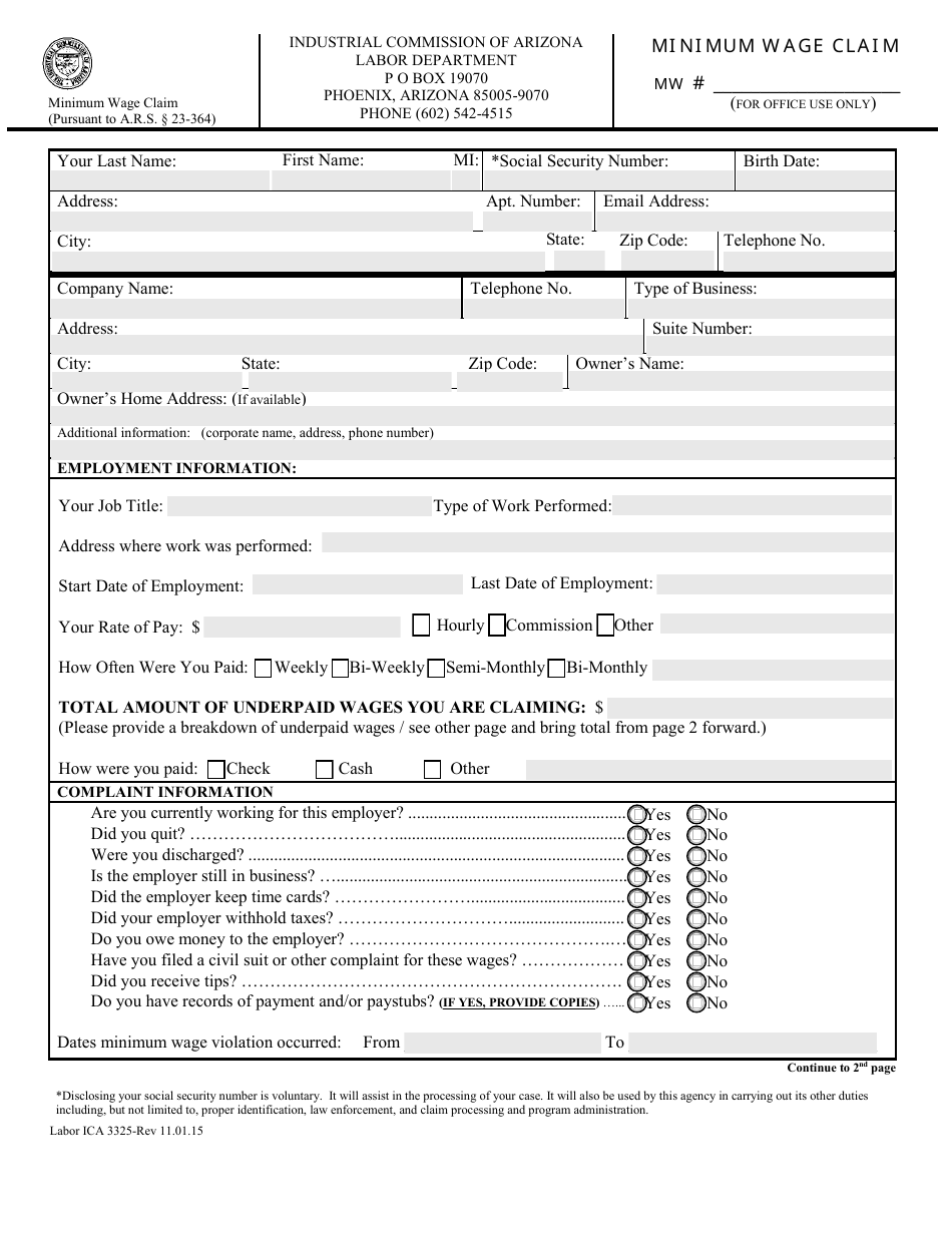 Form Labor ICA3325 Minimum Wage Claim - Arizona, Page 1