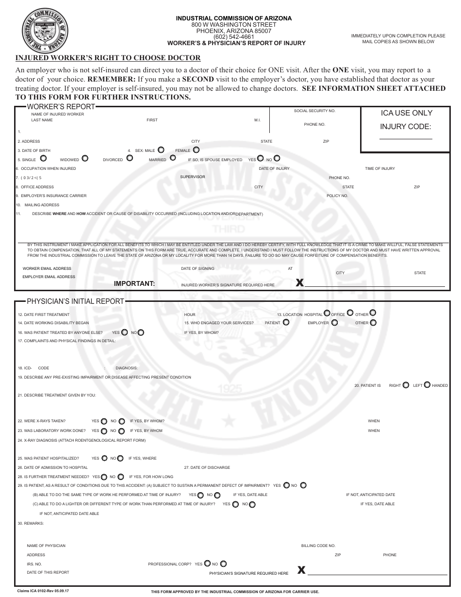 Form Claims ICA0102 Workers  Physicians Report of Injury - Arizona, Page 1
