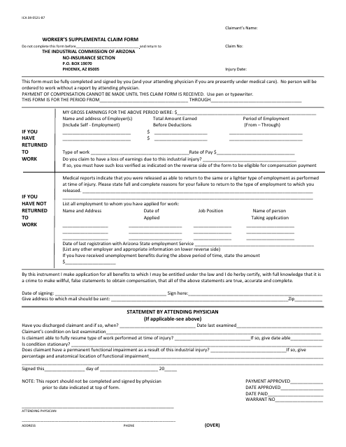 Form ICA04-0521-87 Worker's Supplemental Claim Form - Arizona