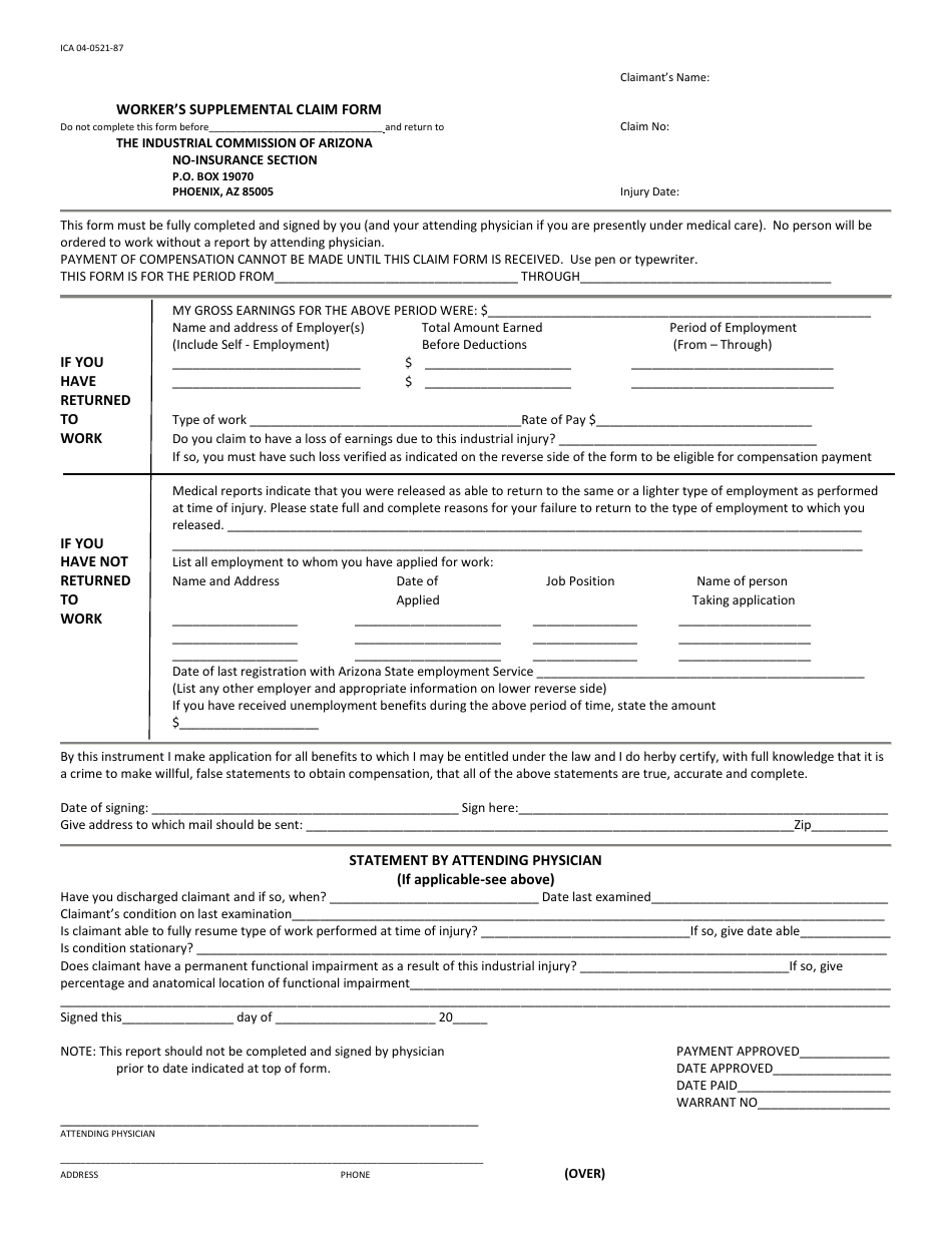 Form ICA04-0521-87 Workers Supplemental Claim Form - Arizona, Page 1