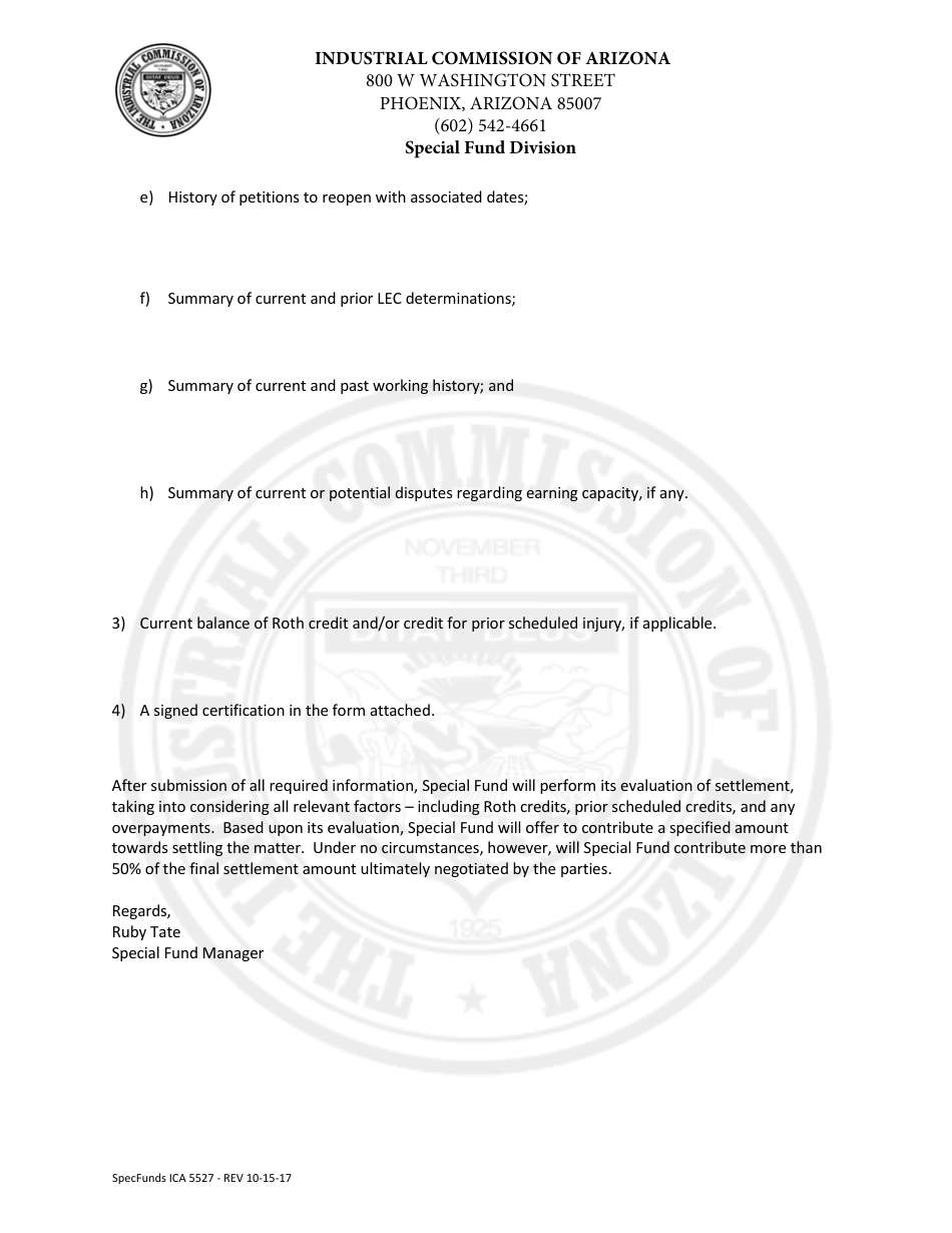 Form SpecFunds ICA5527 Apportionment Settlement Letter - Arizona, Page 2