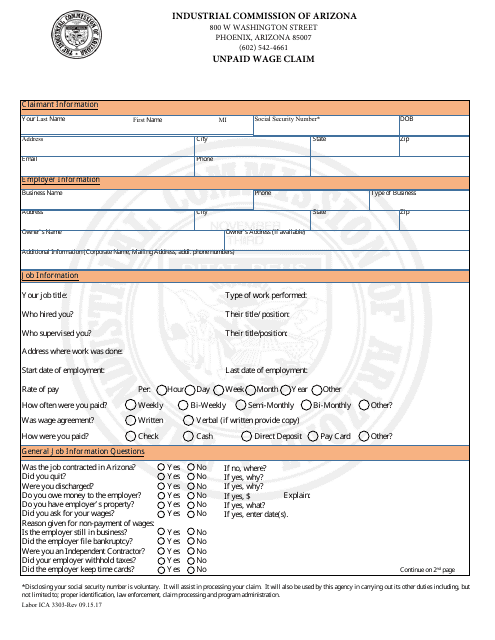 Form Labor ICA3303 Unpaid Wage Claim - Arizona