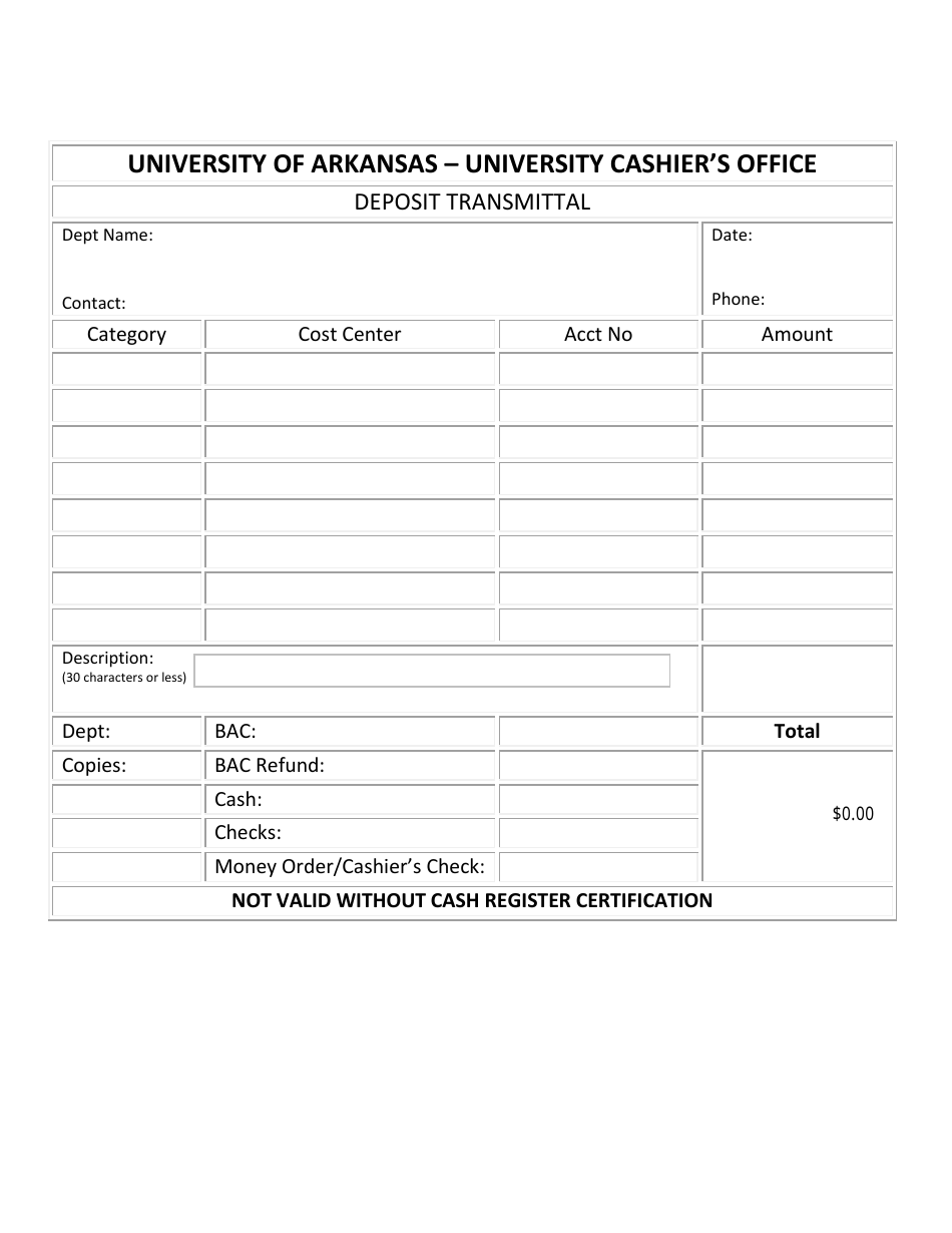 Deposit Transmittal Form - University of Arkansas - Arkansas, Page 1