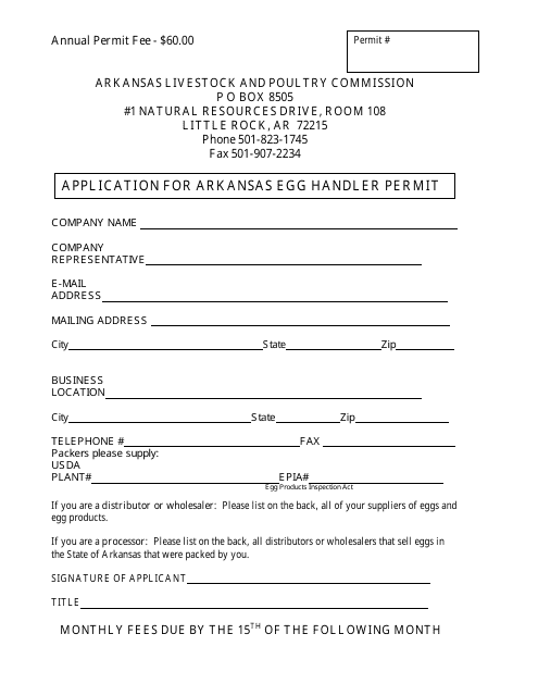 Application for Arkansas Egg Handler Permit - Arkansas