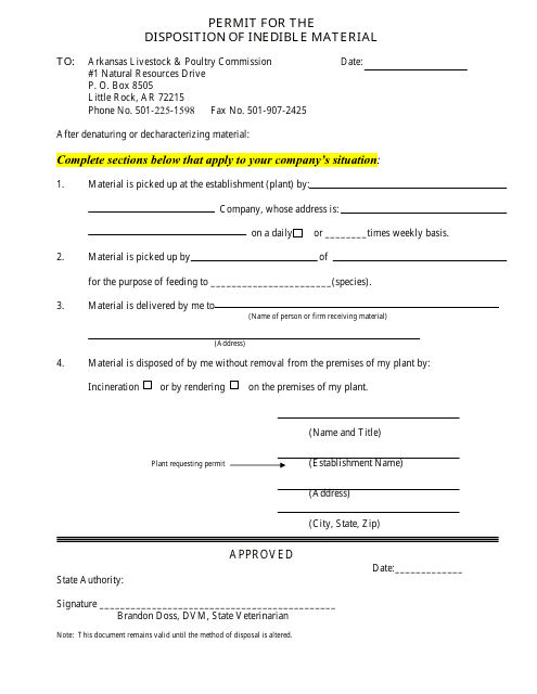 Permit for the Disposition of Inedible Material - Arkansas Download Pdf