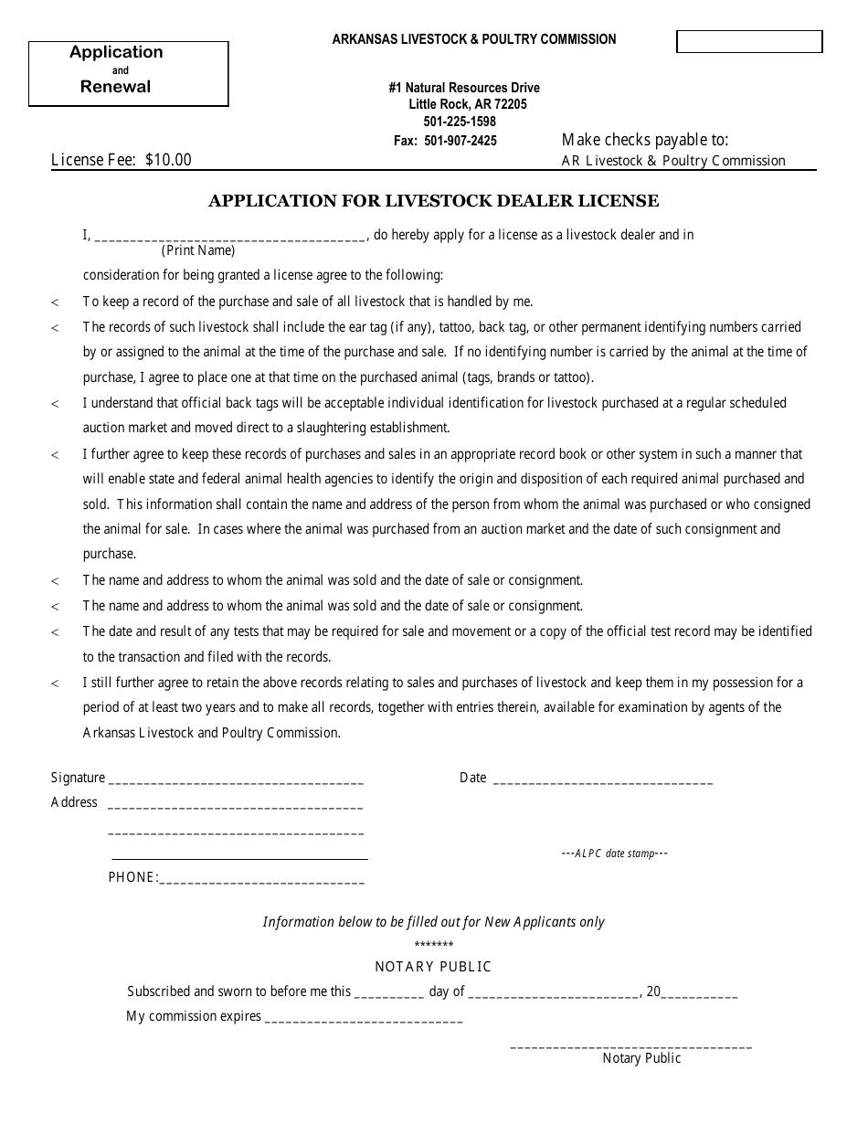 Application for Livestock Dealer License - Arkansas, Page 1
