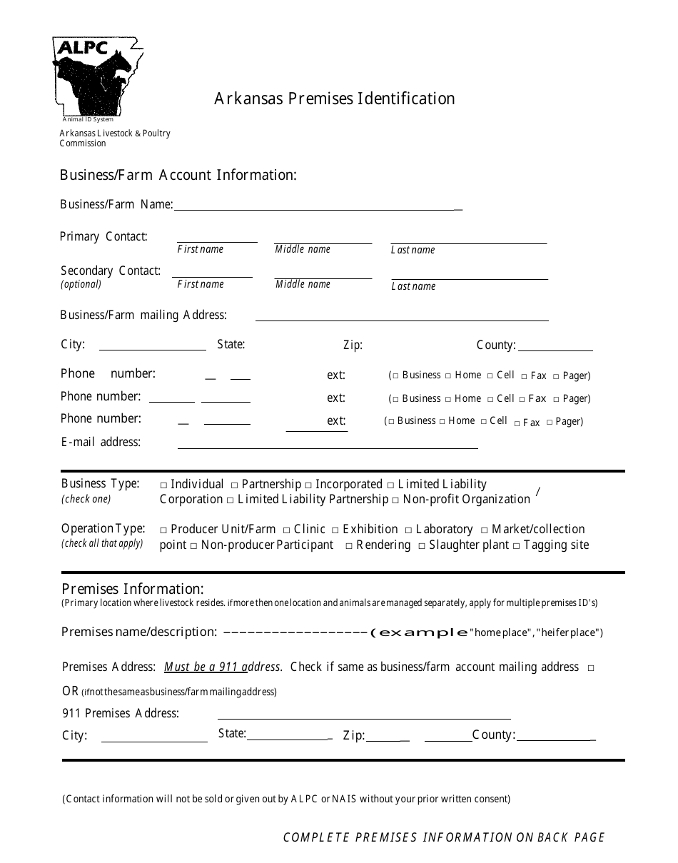 Arkansas Premises Identification Form - Arkansas, Page 1