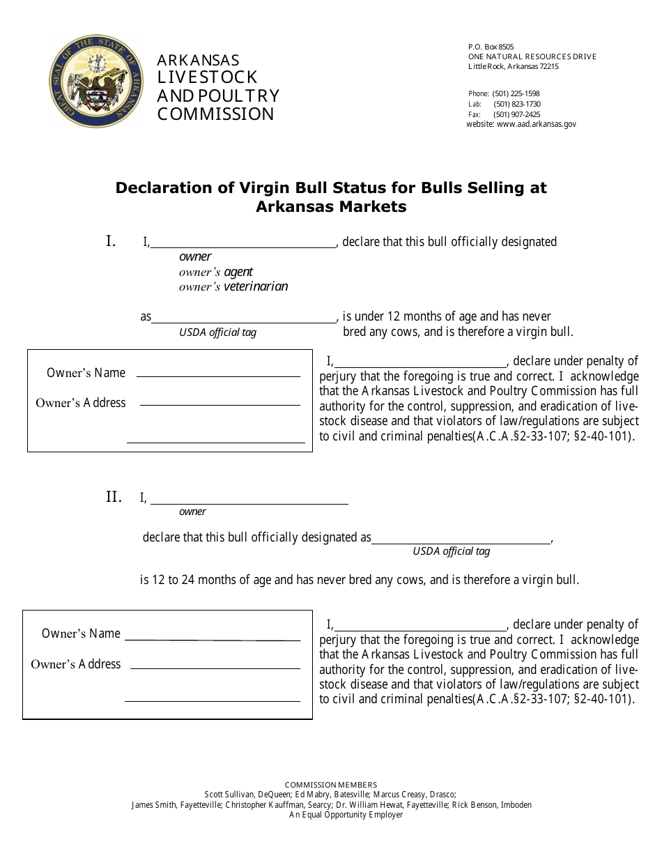 Declaration of Virgin Bull Status for Bulls Selling at Arkansas Markets - Arkansas, Page 1