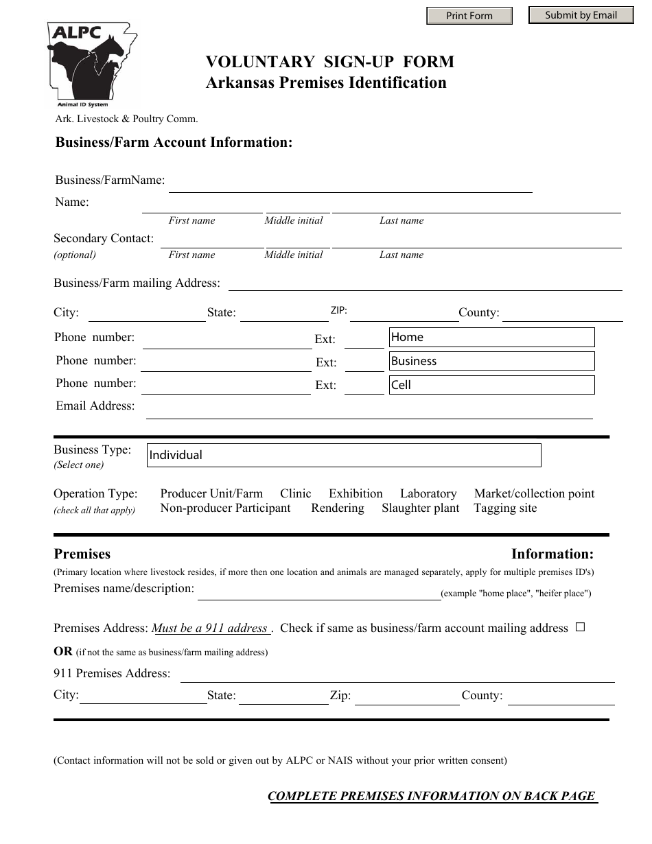 Voluntary Sign-Up Form - Arkansas Premises Identification - Arkansas, Page 1