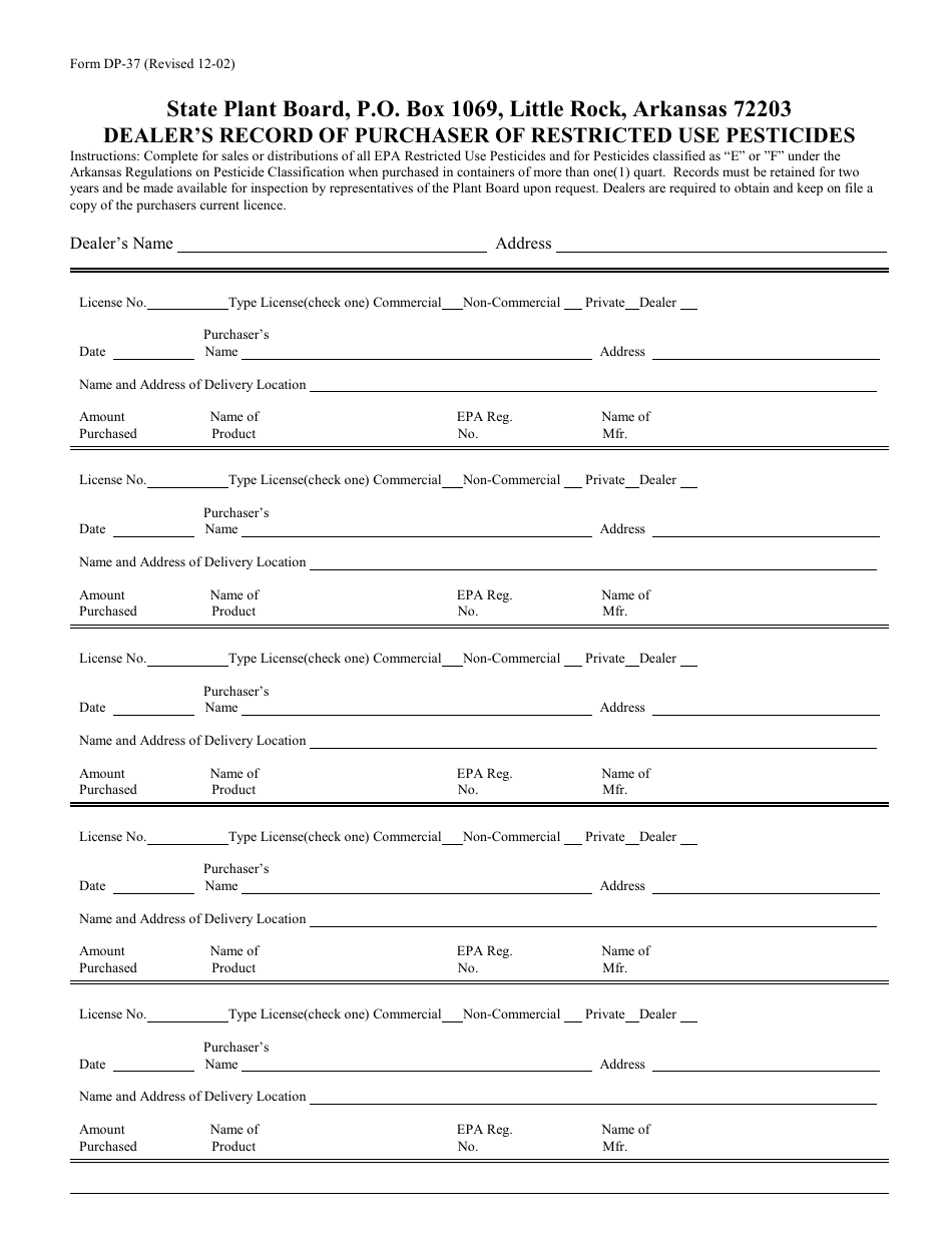 Form DP-37 Dealers Record of Purchaser of Restricted Use Pesticides - Arkansas, Page 1