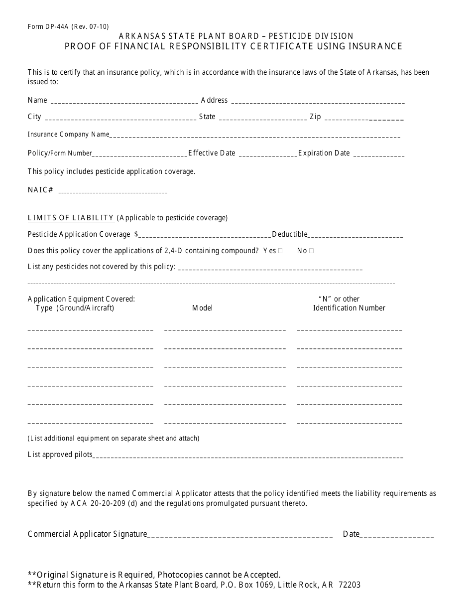 Form DP-44A Proof of Financial Responsibility Certificate Using Insurance - Arkansas, Page 1